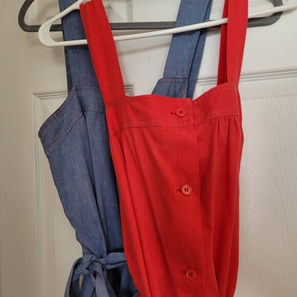 Two Vintage Dresses: Red and Blue Cotton Belted Smock Dresses - Picture 7 of 14
